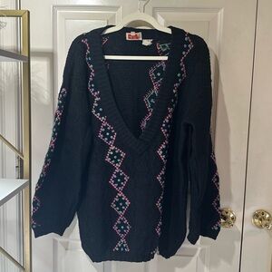 Vintage French Connection 100% Wool Hand Embroidered Argyle V-Neck Sweater M